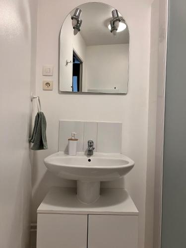 une salle de bain blanche avec un lavabo et un miroir dans l'établissement Appartement Meneau, à La Charité-sur-Loire