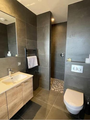 une salle de bain avec des toilettes blanches et un lavabo dans l'établissement Chalet Purdey - Sleeps 10 with Hot Tub, à Montriond