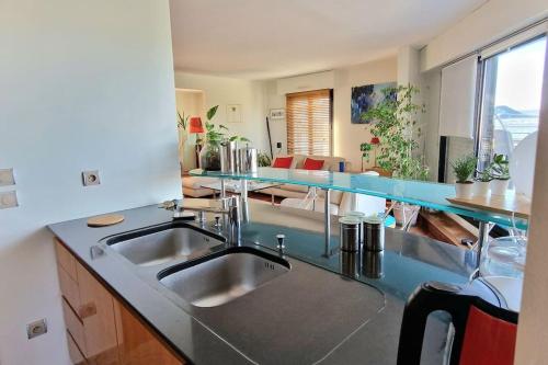 une cuisine avec un évier et un plan de travail dans l'établissement Duplex double terrasses 4P, à Paris