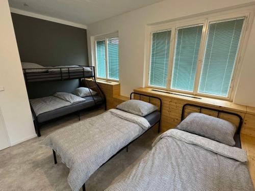 a bedroom with two bunk beds and two windows at Továrna Vír in Vír