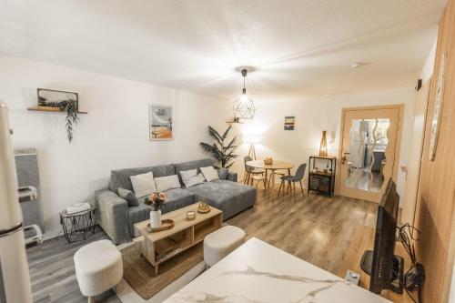 un salon avec un canapé et une table dans l'établissement Cosy apartment with terrace near Bordeaux, à Mérignac