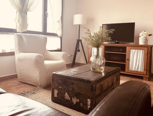 a living room with an old trunk and a tv at Los Castros Apartamentos Rurales B in Llames de Pría