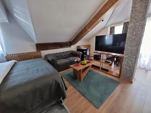 a living room with a bed and a flat screen tv at Green Land Club in Novi Banovci