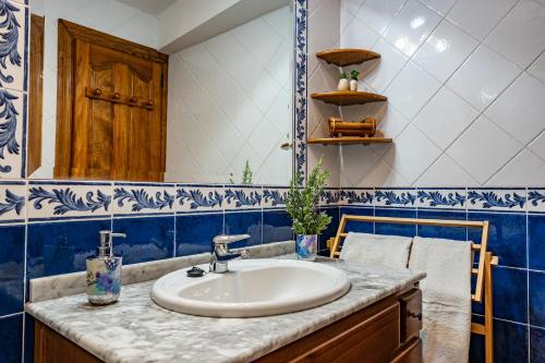 ein Badezimmer mit Waschbecken und Spiegel in der Unterkunft La Casuca, entre Mar y Montaña in Udias