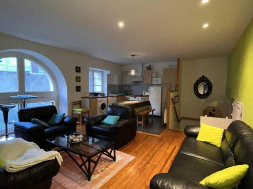 Il comprend un salon doté d'un mobilier en cuir et une cuisine. dans l'établissement Appartement de Prestige pour 4/6 pers - Centre-Ville avec Rangements et Local à Ski - FR-1-234-301, à Cauterets