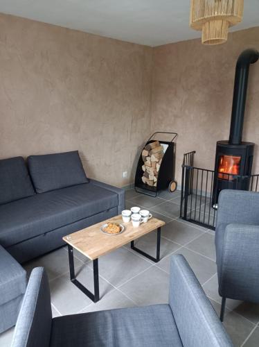 un salon avec un canapé et une cheminée dans l'établissement La chartreuse authentique, à Entremont-le-Vieux