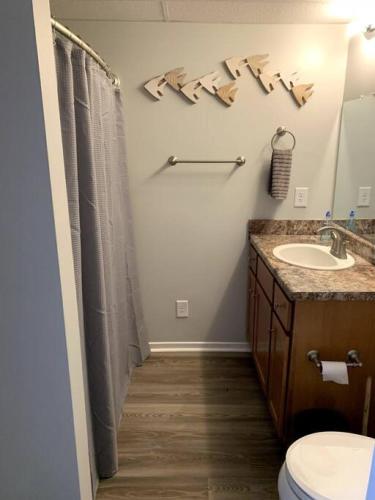a bathroom with a shower curtain and a sink at Panoramic Sunset View Waterfront Firepit in Cadiz