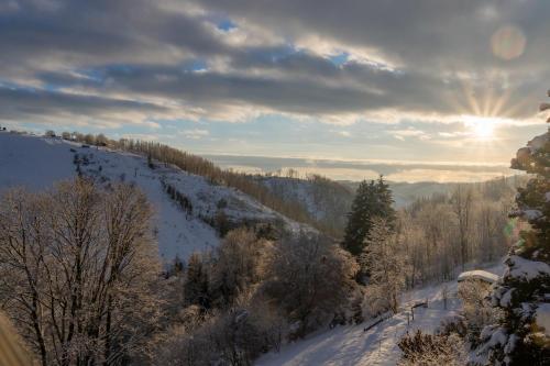 a snow covered hill with the sun in the distance at Harz BnB Werkmeister in Sankt Andreasberg