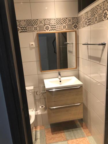 a bathroom with a sink and a toilet and a mirror at Appartement Nice proche de Monaco in Nice