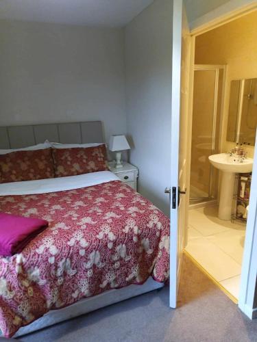 a bedroom with a bed and a bathroom with a sink at Pinewood Lodge Guest House in Omagh