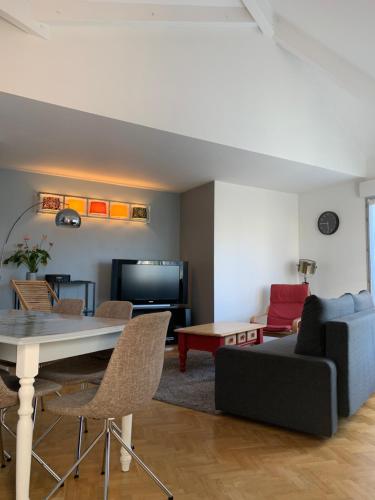 un salon avec un canapé et une table dans l'établissement Chessy-bourg , 5 minutes Disneyland, à Chessy