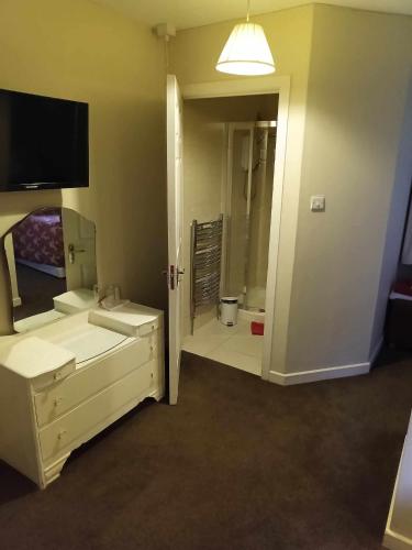 a bathroom with two sinks and a large mirror at Pinewood Lodge Guest House in Omagh