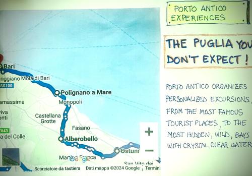 a map of the puglia region with a sign at Porto Antico in Bari