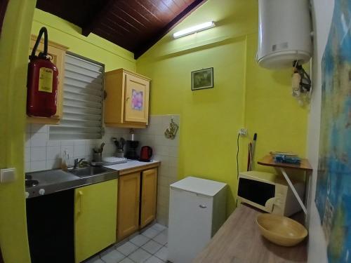 a small kitchen with a sink and a refrigerator at Résidence Les Manguiers in Pointe-Noire
