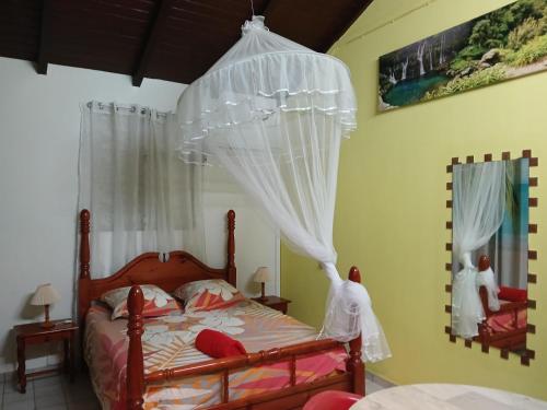 a bedroom with a bed with a mosquito net at Résidence Les Manguiers in Pointe-Noire