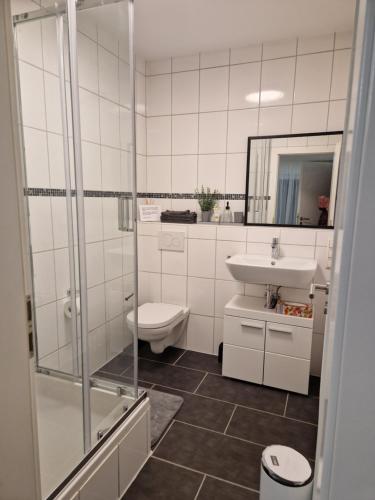 a bathroom with a shower and a sink and a toilet at Casa Velten in Bühl