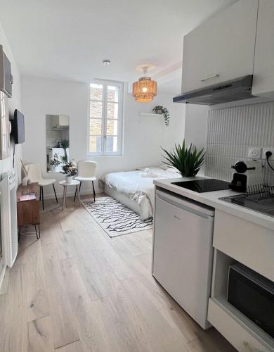 a kitchen and living room with a bed in the background at Le Saphir in Toulouse
