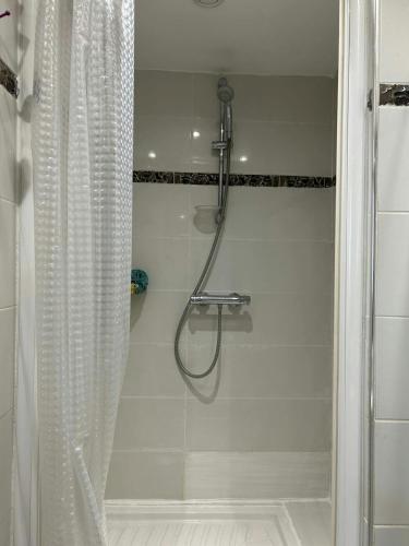 une douche avec un rideau de douche dans une salle de bain dans l'établissement Le Marengo - clim - Gare- centre-ville, à Toulouse