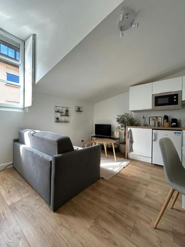 un salon avec un canapé et une cuisine dans l'établissement L'embarcadère Toulousain - T1 - Gare - centre ville, à Toulouse