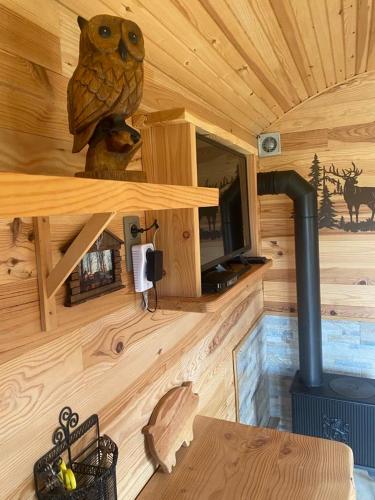 a wooden cabin with a wood stove in it at Au Paradou du Bûcheron Adults only in Lessive