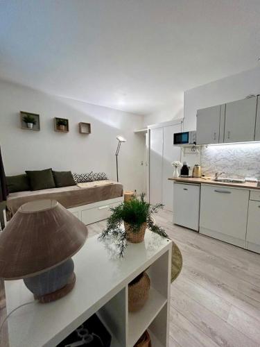 un salon avec un canapé et une cuisine dans l'établissement Au Charme des Carmes - T1 sur cour - Métro A & B, à Toulouse