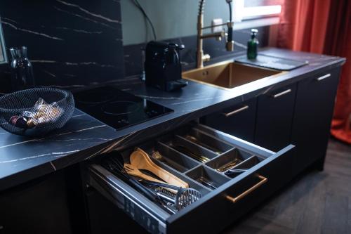 - un comptoir de cuisine avec évier et tiroir dans l'établissement Reflet des sens Love & Balnéo, à Sainte-Adresse