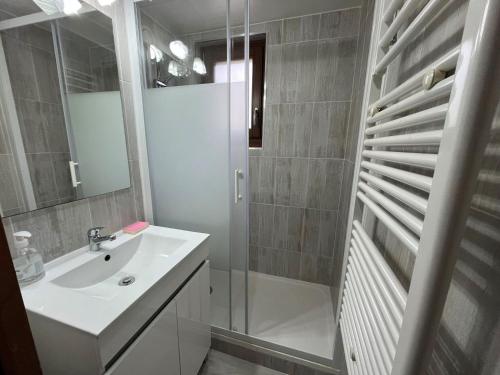 une salle de bain avec un lavabo, une douche et un miroir dans l'établissement Studio cosy avec balcon, proche télécabine, 4 pers, cuisine équipée, TV et Multispass inclus - FR-1-198-128, à Châtel