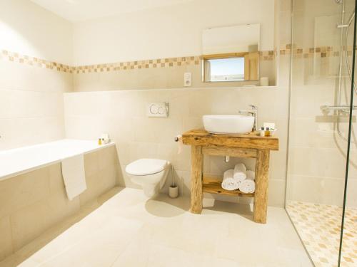 une salle de bain avec un lavabo, des toilettes et une douche dans l'établissement Chalet d'Exception: Ferme 200 ans Rénovée avec Sauna & Spa - FR-1-623-18, aux Gets
