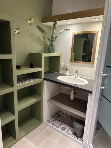 une salle de bain avec un lavabo et un miroir dans l'établissement Soleil de Sète, maison coquette en cœur de ville, à Sète
