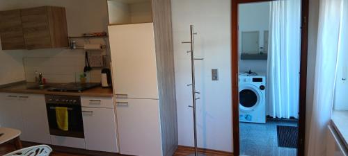 a kitchen with a refrigerator and a washing machine at Ferienwohnung Unter der Limburg in Bad Dürkheim-Hausen in Bad Dürkheim