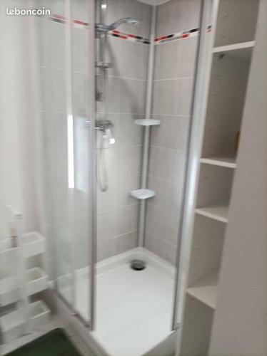 une douche avec une porte vitrée dans une salle de bain dans l'établissement Chez Sabine La Campagne, à Narbonne