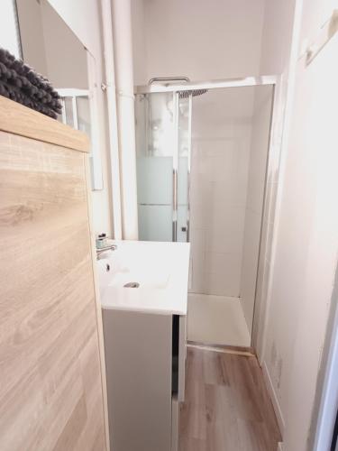 une salle de bain avec un lavabo blanc et une douche dans l'établissement studio proche gare, à Agen