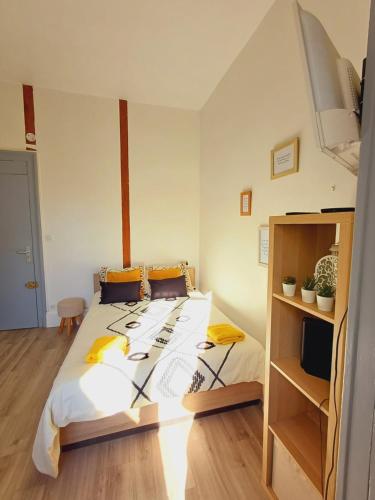 une chambre avec un lit et une étagère dans l'établissement studio proche gare, à Agen