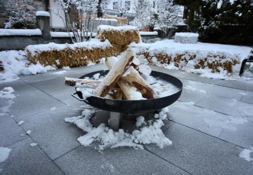 a bird bath covered in snow on a sidewalk at ALP APARTMENTS centre location with traditional design and self check-in in Engelberg