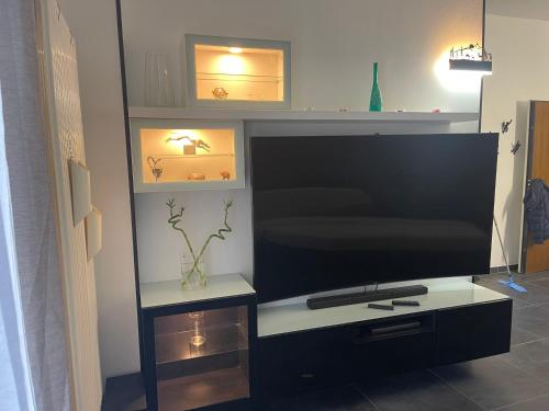 a large flat screen tv sitting in a living room at Appartamenti Lago di Como in Valbrona