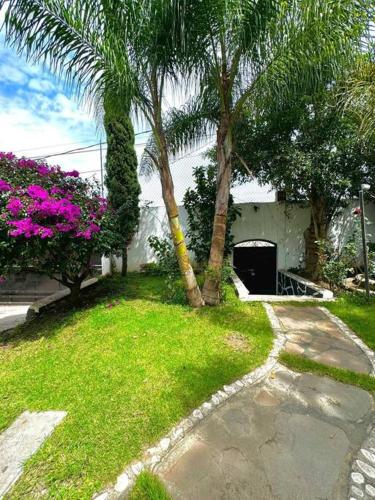a yard with palm trees and a building with a garage at Casa Solares descanso ideal in Atlixco
