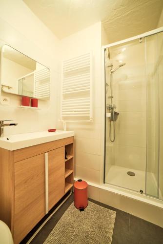 une salle de bain avec un lavabo et une douche dans l'établissement Appartement rénové au pied des pistes, à La Plagne