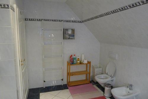 a bathroom with a toilet and a sink at Haus Elisabeth in Stahnsdorf