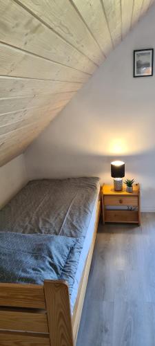 a bedroom with a bed and a night stand at Domek do wynajęcia SkoSki in Jaworzynka