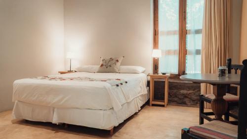 a bedroom with a bed and a table and a window at Vieja Posada Hotel Histórico in Cafayate