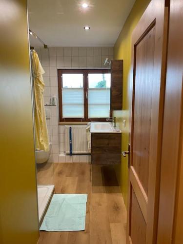 a bathroom with a sink and a toilet and a window at Neu renoviertes 2Zi Appartment im DG in Feldkirch
