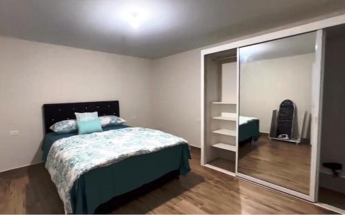 a bedroom with a bed and a large mirror at Buccoo Homes 3 bedroom condo in Buccoo
