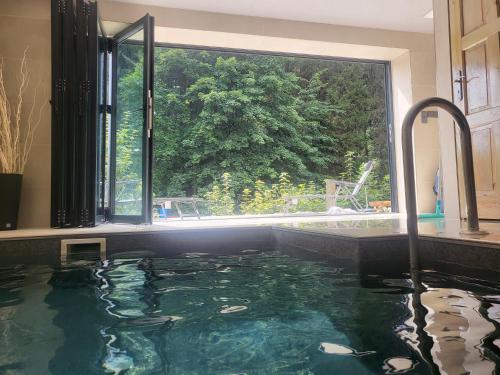a bathroom with a large tub with a window at HORSKÝ PENZION U SPLAVU in Josefuv dul