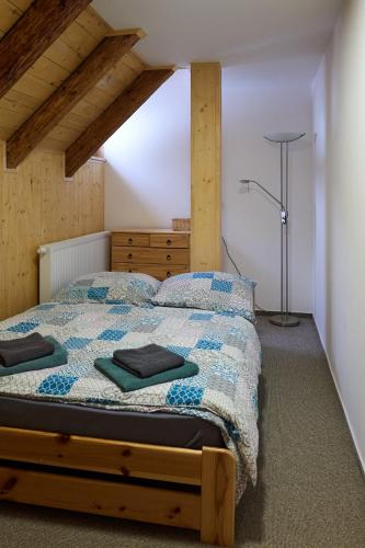a bedroom with a bed and a lamp in it at HORSKÝ PENZION U SPLAVU in Josefuv dul