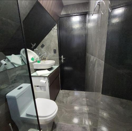 a bathroom with a shower and a toilet and a sink at Cabana Das Paineiras in Feliz