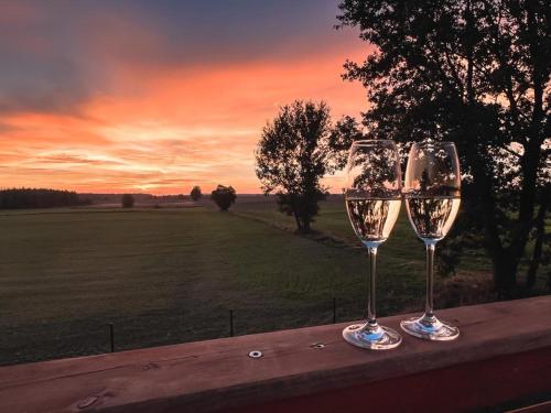 two wine glasses sitting on a wooden ledge with a field at U Progu Lasu in Budy