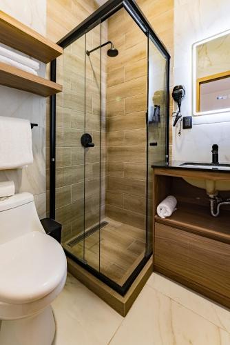 a bathroom with a shower with a toilet and a sink at Suites Monterrey by Escajal Rooms in Mexico City