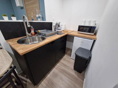 - une cuisine avec un évier et une cafetière sur un comptoir dans l'établissement Studio Canada 5, à Valenciennes