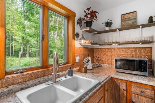 a kitchen with a sink and a microwave at Lincoln Lodge in Cedar