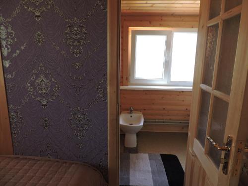a bathroom with a sink and a toilet and a window at Садиба "Три Царі" in Yaremche